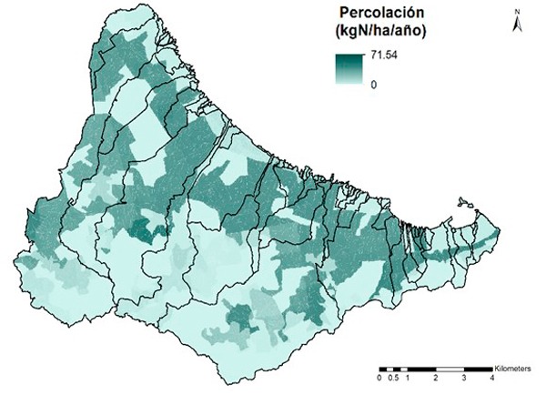 Mapa de la percolación de nitrógeno mediante TETIS v9 con el escenario actual (2018) en las cuencas del Sur de la laguna del Mar Menor